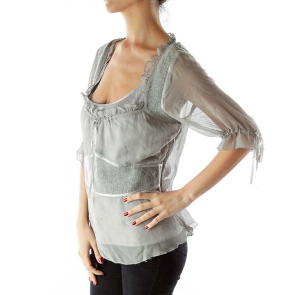 Zoe D. Gray Wool Silk Layered Blouse with Sash - Picture 2 of 3